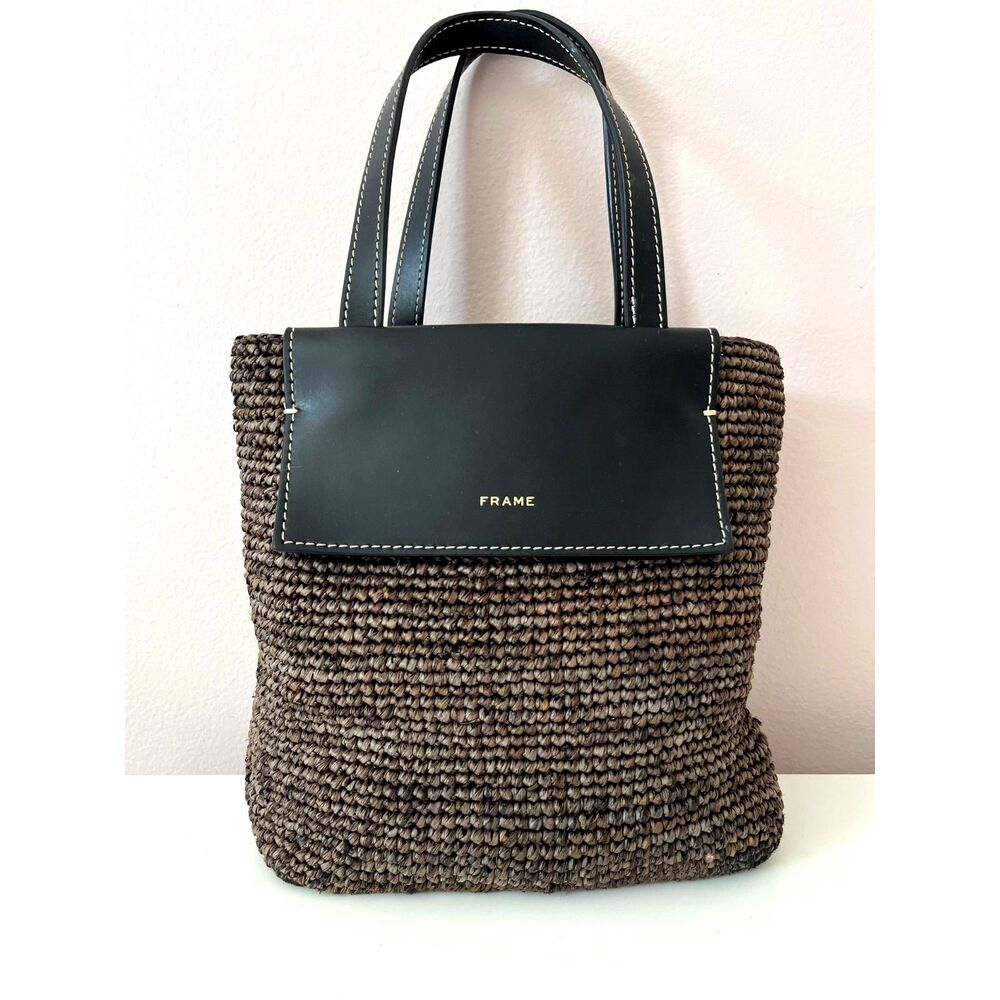 FRAME Le Market Mini Tote Bag Straw Leather Noir Brown Designer Quiet Luxury